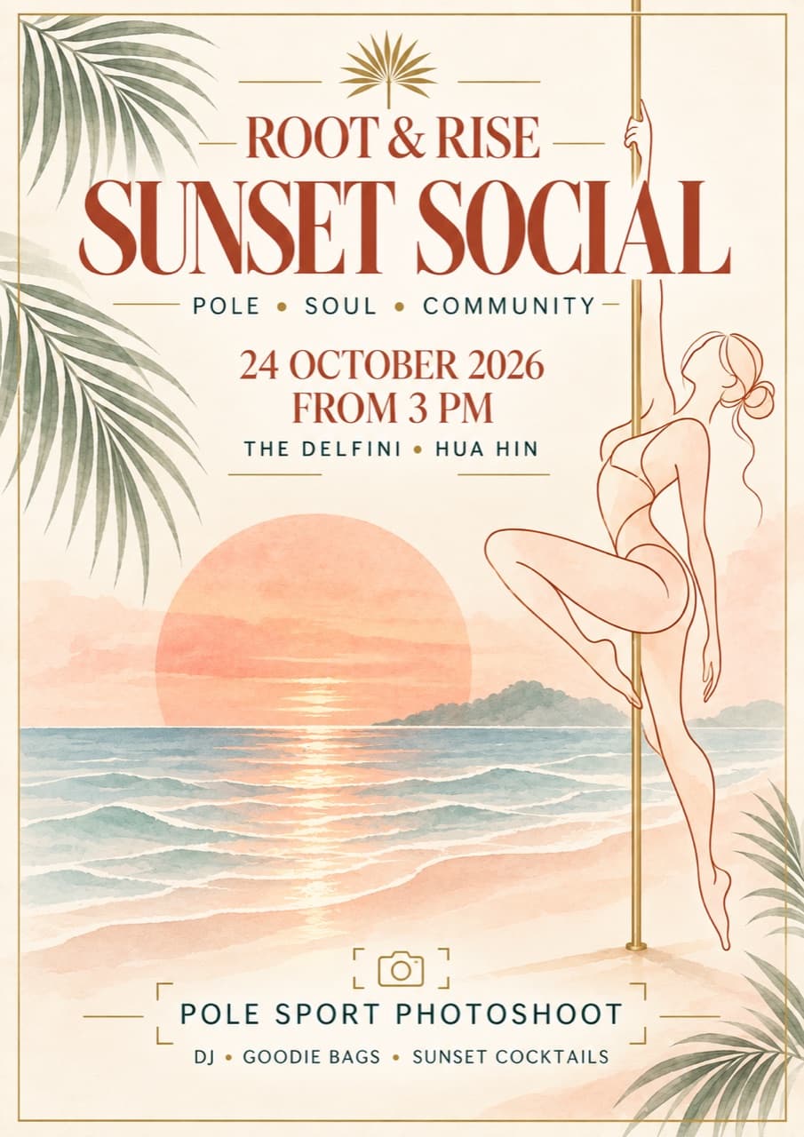 Root & Rise Sunset Social poster, 24 October 2026 at The Delfini, Hua Hin